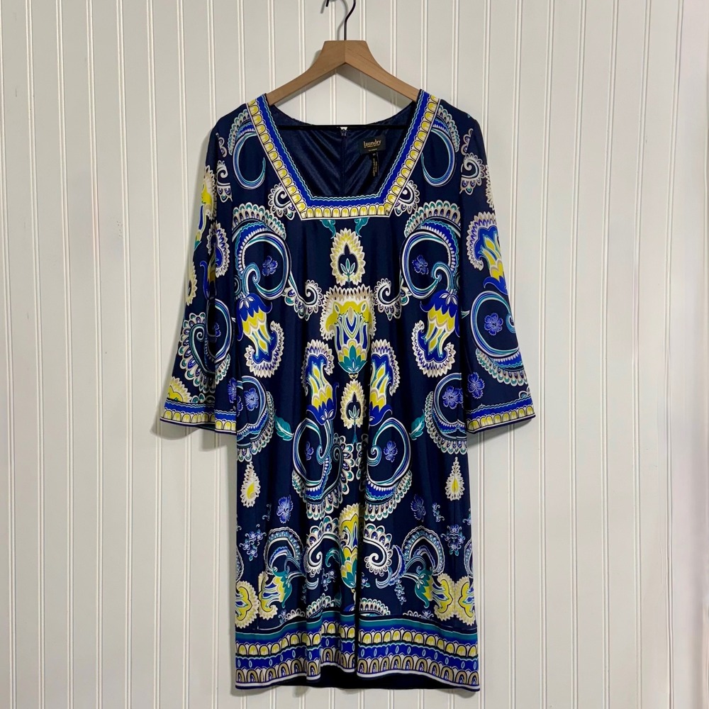 Laundry by Shelli Segal Paisley Shift Dress 12 Navy Blue‎ Yellow 3/4 Sleeve